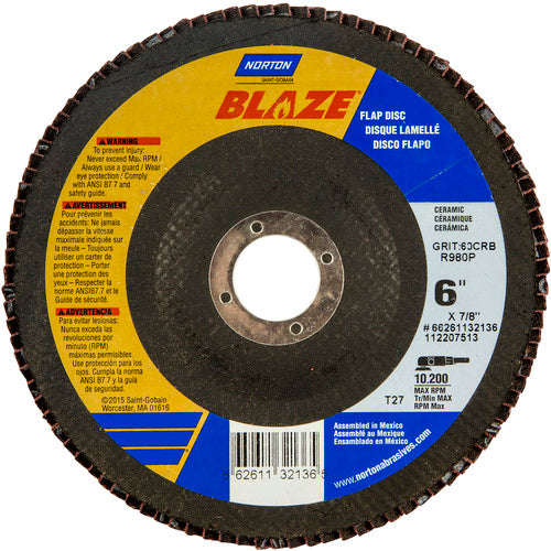 6″ × 7/8″ 60 Grit Type 27 Blaze Flap Disc - Apex Tool & Supply