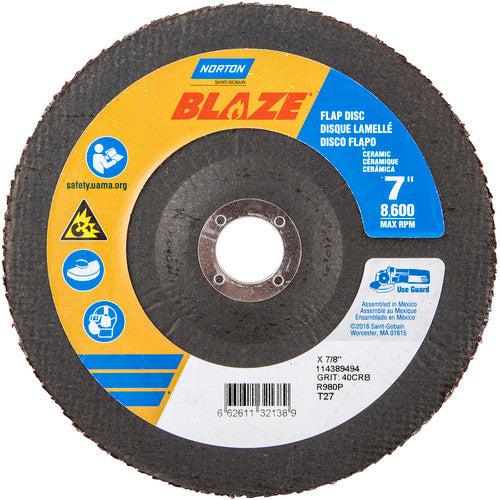 7 × 7/8″ Blaze Fiberglass HD Flat Flap Disc Type 27 40 Grit R980P Premium Ceramic Alumina - Apex Tool & Supply