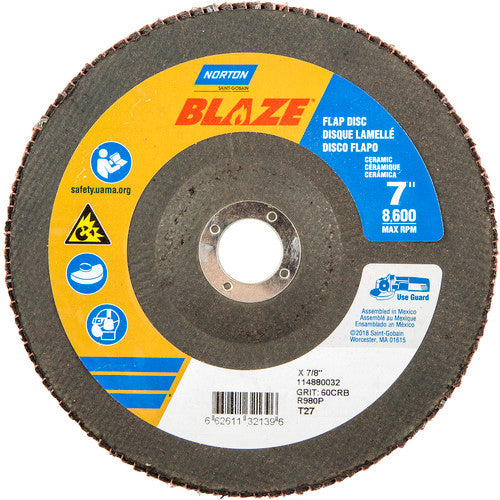 7 × 7/8″ Blaze Fiberglass HD Flat Flap Disc Type 27 60 Grit R980P Premium Ceramic Alumina - Apex Tool & Supply