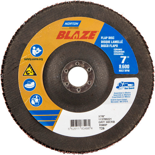 7 × 7/8″ Blaze Fiberglass Conical Flap Disc Type 29 60 Grit R980P Premium Ceramic Alumina - Apex Tool & Supply