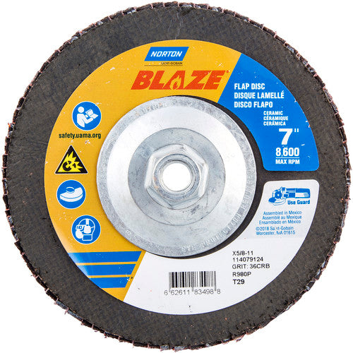 ‎7 × 5/8 - 11″ Blaze Fiberglass Conical Flap Disc Type 29 36 Grit R980P Premium Ceramic Alumina - Apex Tool & Supply