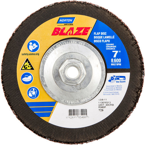 ‎7 × 5/8 - 11″ Blaze Fiberglass Conical Flap Disc Type 29 40 Grit R980P Premium Ceramic Alumina - Apex Tool & Supply