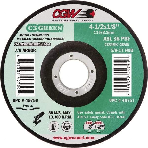 Camel Grinding Wheels - 36 Grit, 4-1/2" Wheel Diam, 1/8" Wheel Thickness, 7/8" Arbor Hole, Type 27 Depressed Center Wheel - Medium Grade, Aluminum Oxide, Resinoid Bond, 13,300 Max RPM - Apex Tool & Supply