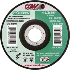 Camel Grinding Wheels - 36 Grit, 4-1/2" Wheel Diam, 1/8" Wheel Thickness, 7/8" Arbor Hole, Type 27 Depressed Center Wheel - Medium Grade, Aluminum Oxide, Resinoid Bond, 13,300 Max RPM - Apex Tool & Supply