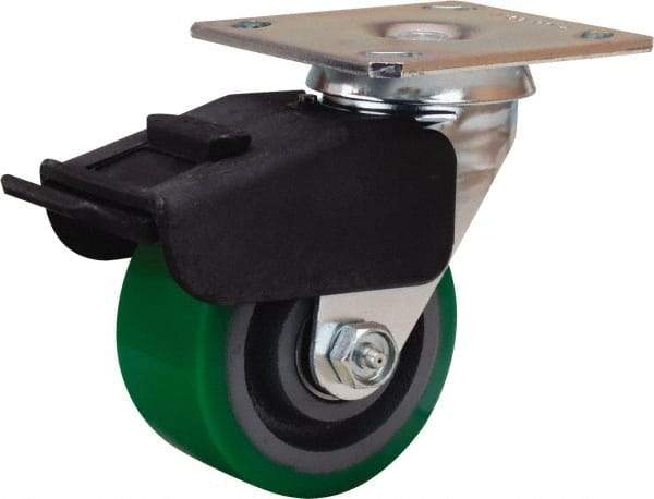 Hamilton - 4" Diam x 2" Wide x 5-5/8" OAH Top Plate Mount Swivel Caster with Brake - Polyurethane Mold onto Cast Iron Center, 750 Lb Capacity, Precision Ball Bearing, 4 x 4-1/2" Plate - Apex Tool & Supply