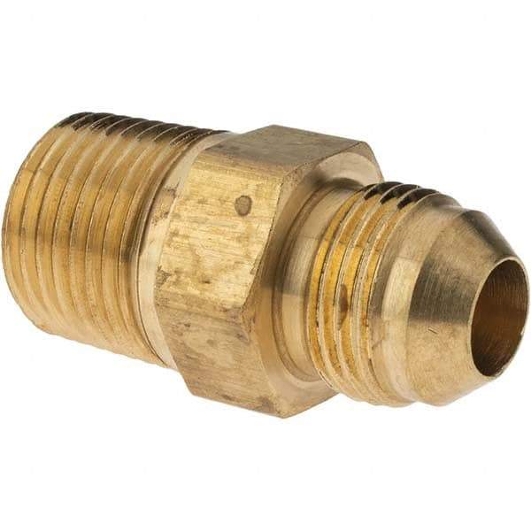 Parker - 1/2" Tube OD, 37° Brass Flared Tube Male Adapter - 1/2-14 NPTF, Flare x NPTF Ends - Apex Tool & Supply