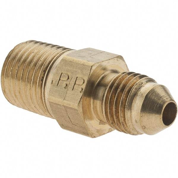 Parker - 1/4" Tube OD, 37° Brass Flared Tube Male Adapter - 1/4-18 NPTF, Flare x NPTF Ends - Apex Tool & Supply