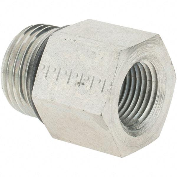Parker - 7/8-14 Male Thread x 3/8 Female Thread, Zinc Plated Steel Industrial Pipe Adapter - Male Straight Thread O-Ring x Female NPTF, 5,000 psi - Apex Tool & Supply