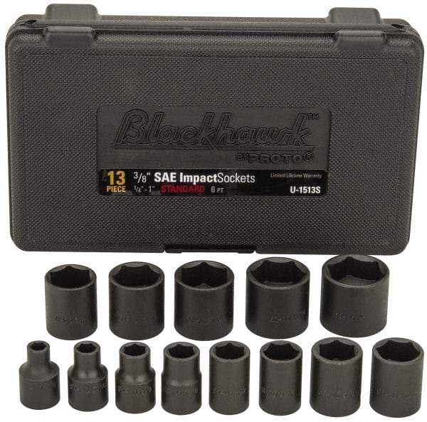 Blackhawk by Proto - 13 Piece 3/8" Drive Black Finish Impact Socket Set - 6 Points, 1/4" to 1" Range, Inch Measurement Standard - Apex Tool & Supply