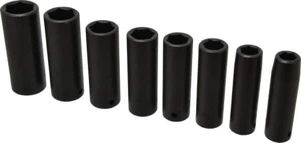 Proto - 8 Piece 1/2" Drive Black Finish Deep Well Impact Socket Set - 6 Points, 1/2" to 15/16" Range, Inch Measurement Standard - Apex Tool & Supply