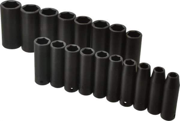 Proto - 18 Piece 1/2" Drive Black Finish Deep Well Impact Socket Set - 6 Points, 10mm to 27mm Range, Metric Measurement Standard - Apex Tool & Supply