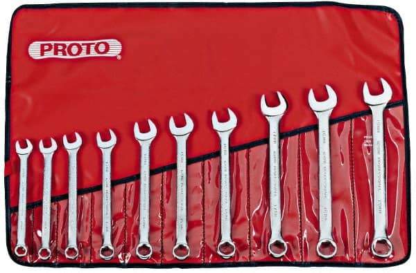 Proto - 10 Piece, 11mm to 19mm, 6 Point Combination Wrench Set - Metric Measurement Standard, Satin Chrome Finish, Comes in Nylon Roll - Apex Tool & Supply