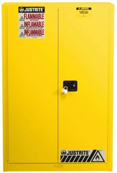 Justrite - 2 Door, 5 Shelf, Yellow Steel Standard Safety Cabinet for Flammable and Combustible Liquids - 65" High x 43" Wide x 18" Deep, Manual Closing Door, 3 Point Key Lock, 60 Gal Capacity - Apex Tool & Supply