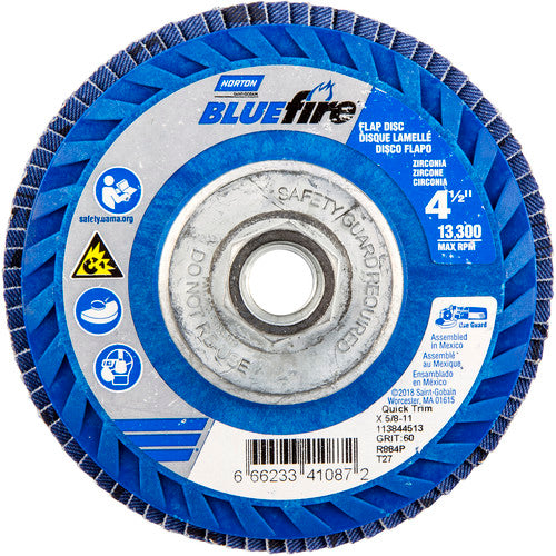 ‎4-1/2 × 5/8 - 11″ BlueFire Plastic Flat Flap Disc Type 27 P60 Grit R884V1 Zirconia Alumina - Apex Tool & Supply