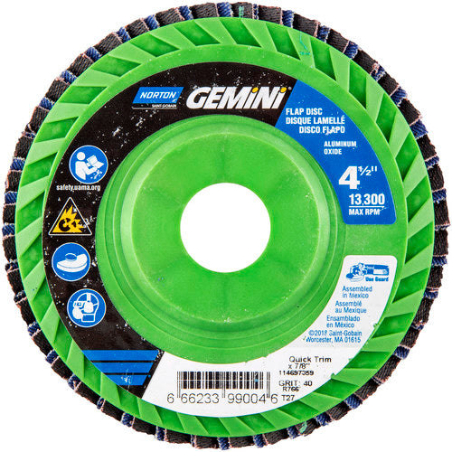 ‎4-1/2 × 7/8″ Gemini Plastic Flat Flap Disc Type 27 P40 Grit R766 Zirconia Alumina - Apex Tool & Supply
