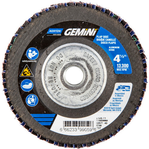 ‎4-1/2 × 5/8 - 11″ Gemini Fiberglass HD Flat Flap Disc Type 27 P40 Grit R766 Zirconia Alumina - Apex Tool & Supply