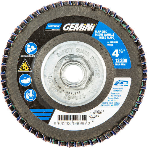 ‎4-1/2 × 5/8 - 11″ Gemini Fiberglass HD Flat Flap Disc Type 27 P60 Grit R766 Zirconia Alumina - Apex Tool & Supply