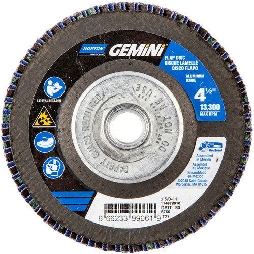 ‎4-1/2 × 5/8 - 11″ Gemini Fiberglass HD Flat Flap Disc Type 27 P80 Grit R766 Zirconia Alumina - Apex Tool & Supply