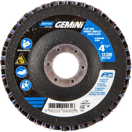 ‎4-1/2 × 7/8″ Gemini Fiberglass HD Flat Flap Disc Type 27 P36 Grit R766 Zirconia Alumina - Apex Tool & Supply