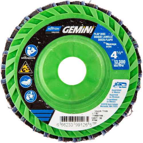 ‎4-1/2 × 7/8″ Gemini Plastic Flat Flap Disc Type 27 P36 Grit R766 Zirconia Alumina - Apex Tool & Supply