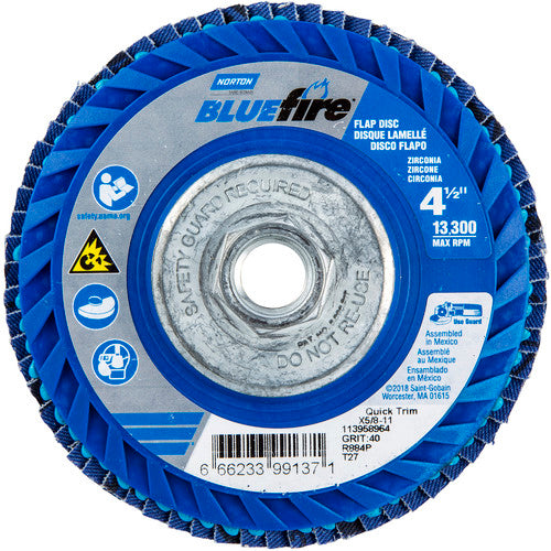 ‎4-1/2 × 5/8 - 11″ BlueFire Plastic Flat Flap Disc Type 27 P40 Grit R884P Zirconia Alumina - Apex Tool & Supply