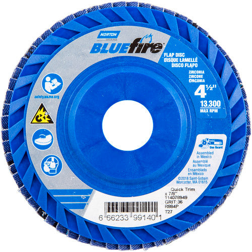‎4-1/2 × 7/8″ BlueFire Plastic Flat Flap Disc Type 27 P36 Grit R884P Zirconia Alumina - Apex Tool & Supply