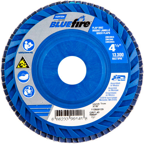 ‎4-1/2 × 7/8″ BlueFire Plastic Flat Flap Disc Type 27 P40 Grit R884P Zirconia Alumina - Apex Tool & Supply