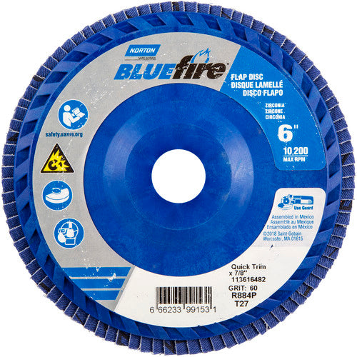 6 × 7/8″ BlueFire Plastic Flat Flap Disc Type 27 P60 Grit R884P Zirconia Alumina - Apex Tool & Supply