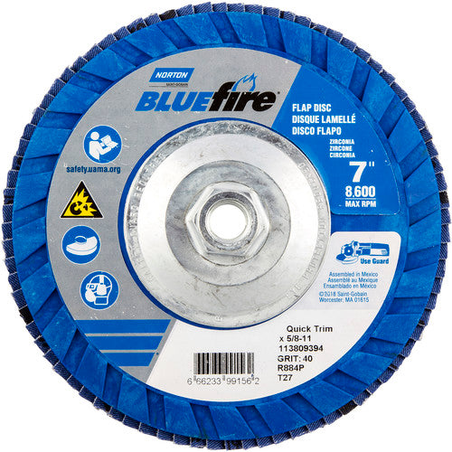 ‎7 × 5/8 - 11″ BlueFire Plastic Flat Flap Disc Type 27 P40 Grit R884P Zirconia Alumina - Apex Tool & Supply