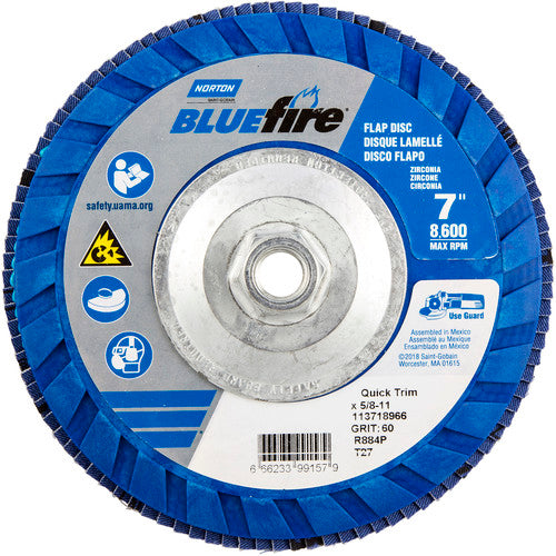 ‎7 × 5/8 - 11″ BlueFire Plastic Flat Flap Disc Type 27 P60 Grit R884P Zirconia Alumina - Apex Tool & Supply
