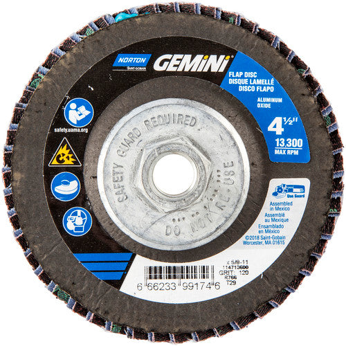 ‎4-1/2 × 5/8 - 11″ Gemini Fiberglass Conical Flap Disc Type 29 P120 Grit R766 Zirconia Alumina - Apex Tool & Supply