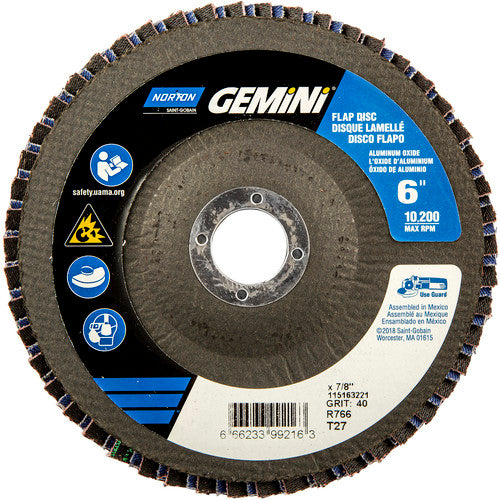 6 × 7/8″ Gemini Fiberglass HD Flat Flap Disc Type 27 P40 Grit R766 Zirconia Alumina - Apex Tool & Supply