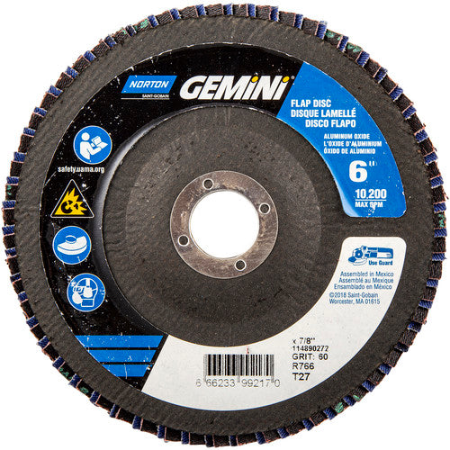 6 × 7/8″ Gemini Fiberglass HD Flat Flap Disc Type 27 P60 Grit R766 Zirconia Alumina - Apex Tool & Supply
