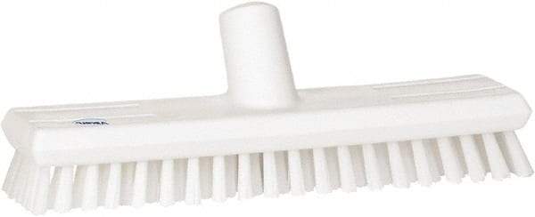 Vikan - 1" Bristle Length, Polyester Scrub Brush - 10-5/8" Long x 2-1/2" Wide Head, 11" OAL, European Threaded Handle, White, Polypropylene Block - Apex Tool & Supply
