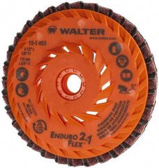 WALTER Surface Technologies - 150 Grit, 4-1/2" Disc Diam, 5/8-11 Center Hole, Type 27 Aluminum Oxide Flap Disc - 13,300 Max RPM, Plastic Backing, Arbor Attaching System, Coated & Non-Woven Combo - Apex Tool & Supply