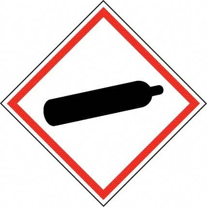 NMC - Hazardous Materials Label, Header: Compressed Gas Warning - Legend: GHS - Graphic, English, Black & Red, 2" Long x 2" High, No Coating - Apex Tool & Supply