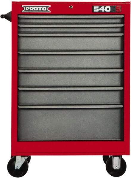 Proto - 7 Drawer Steel Tool Roller Cabinet - 27" Wide x 52" High x 18" Deep, Ball Bearing Drawer Slides, Safety Red/Gray - Apex Tool & Supply