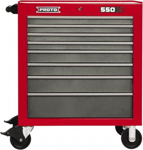Proto - 8 Drawer 15,134 Lb Capacity Steel Tool Roller Cabinet - 34" Wide x 41" High x 25-1/4" Deep, Ball Bearing Drawer Slides, Safety Red/Gray - Apex Tool & Supply
