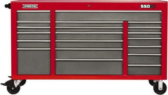 Proto - 20 Drawer Mobile Workstation - 67" Wide x 25-1/4" Deep x 41" High, Steel, Safety Red & Gray - Apex Tool & Supply