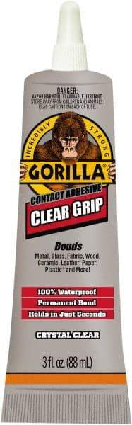 Gorilla Glue - 3 oz Tube Clear Contact Adhesive - 1 to 5 min Working Time, 24 hr Full Cure Time, Bonds to Masonry, Ceramic, Concrete, Fabric, Glass, Leather, Metal, Paper, Rubber, Velcro & Wood - Apex Tool & Supply