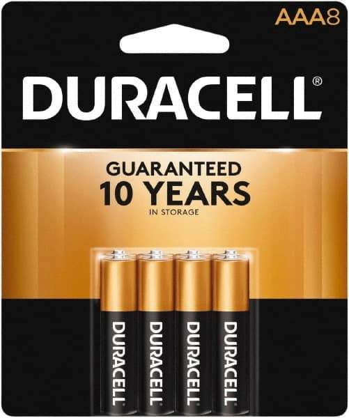 Duracell - Size AAA, Alkaline, 8 Pack, Standard Battery - 1.5 Volts, Button Tab Terminal, LR03, ANSI 24A Regulated - Apex Tool & Supply