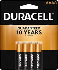 Duracell - Size AAA, Alkaline, 8 Pack, Standard Battery - 1.5 Volts, Button Tab Terminal, LR03, ANSI 24A Regulated - Apex Tool & Supply