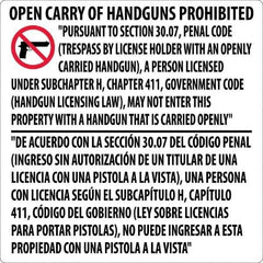 NMC - "Open Carry of Handguns Prohibited", 24" Long x 24" Wide, Rigid Plastic Safety Sign - Square, 0.05" Thick, Use for Accident Prevention - Apex Tool & Supply