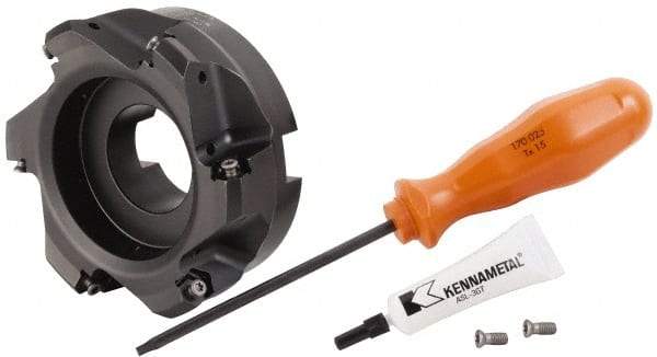 Kennametal - 4" Cut Diam, 1-1/2" Arbor Hole, 3.23mm Max Depth of Cut, 45° Indexable Chamfer & Angle Face Mill - 6 Inserts, HNGJ 0604... Insert, Right Hand Cut, 6 Flutes, Through Coolant, Series Dodeka Mini - Apex Tool & Supply