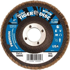 Weiler - 80 Grit, 4" Disc Diam, 5/8" Center Hole, Type 27 Zirconia Alumina Flap Disc - 15,000 Max RPM, Phenolic Backing, Arbor Attaching System, Coated - Apex Tool & Supply