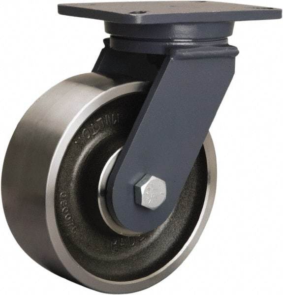 Hamilton - 8" Diam x 3" Wide x 10-1/2" OAH Top Plate Mount Swivel Caster - Forged Steel, 3,500 Lb Capacity, Tapered Roller Bearing, 5-1/4 x 7-1/4" Plate - Apex Tool & Supply