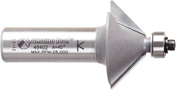 Amana Tool - 1-1/4" Cut Diam, 1/2" Length of Cut, 2 Flute Chamfer Edge Profile Router Bit - Carbide-Tipped, 1/2" Shank Diam, 2-3/8" OAL, Uncoated - Apex Tool & Supply