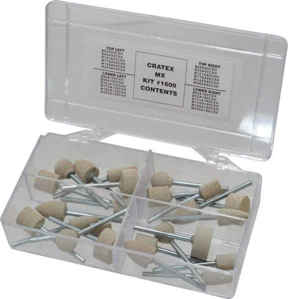 Cratex - 28 Piece Rubber Mounted Abrasive Wheel Set - Includes Shapes B121, B42, B52, W176, W185 & W202 - Apex Tool & Supply
