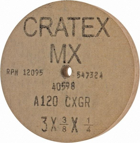 Cratex - 3" Diam x 1/4" Hole x 3/8" Thick, 120 Grit Surface Grinding Wheel - Aluminum Oxide, Type 1, Fine Grade, 12,095 Max RPM, No Recess - Apex Tool & Supply