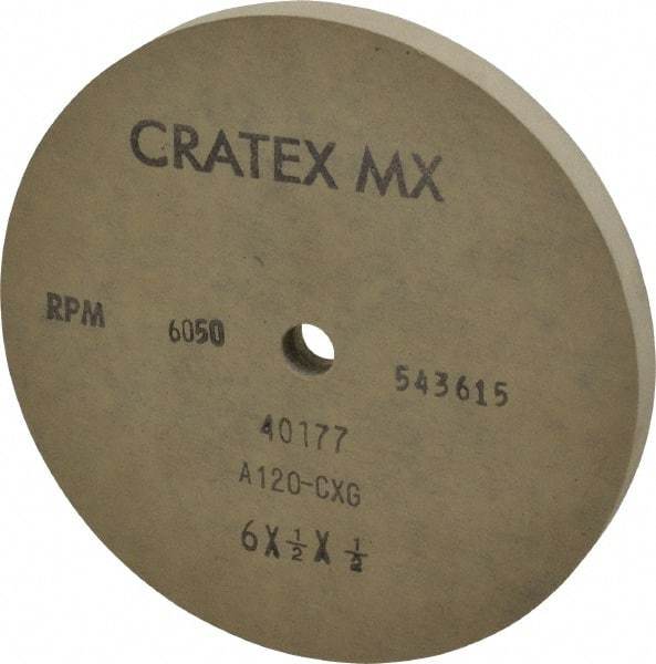 Cratex - 6" Diam x 1/2" Hole x 1/2" Thick, 120 Grit Surface Grinding Wheel - Aluminum Oxide, Type 1, Fine Grade, 6,050 Max RPM, No Recess - Apex Tool & Supply